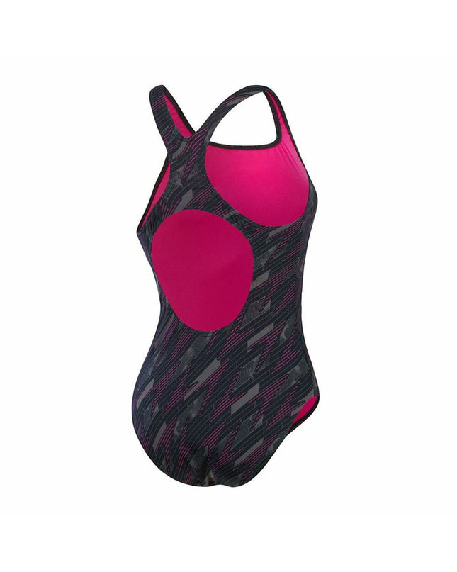 Speedo Hyperboom women's swimsuit for water sports, black and blue athletic one-piece in a close-up view