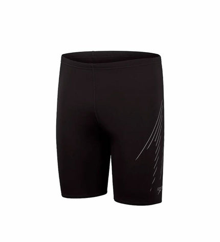 Speedo Hyperboom placement jammer men's swim brief with bold black and blue design, suitable for competitive swimming and watersports.