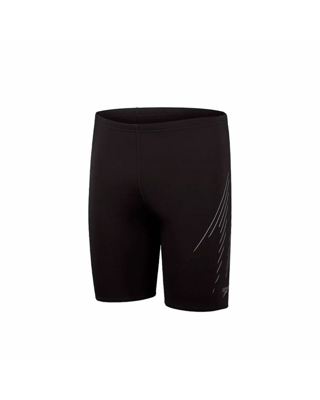 Speedo Hyperboom placement jammer men's swim brief with bold black and blue design, suitable for competitive swimming and watersports.