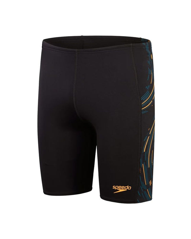 Black Speedo Tech Panel Jammer men's swim short for sport and watersport activities, featuring sleek panel design.