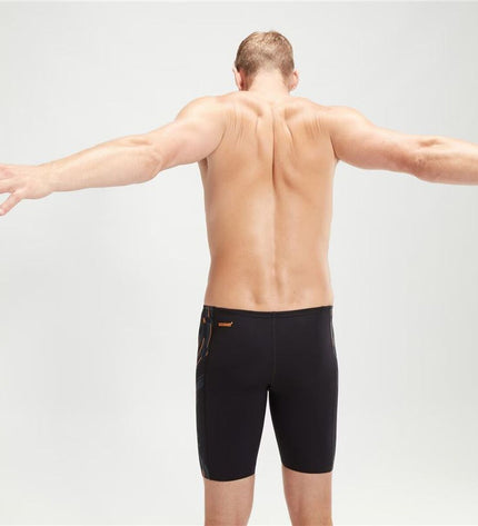 Black Speedo Tech Panel Jammer men's swim brief for sports and watersport, with sleek panel design and athletic fit.