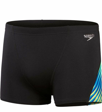 Black boys' Speedo allover digi V-cut swim trunks for water sports, featuring a sporty design and comfortable fit.