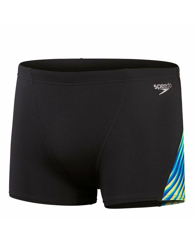 Black boys' Speedo allover digi V-cut swim trunks for water sports, featuring a sporty design and comfortable fit.