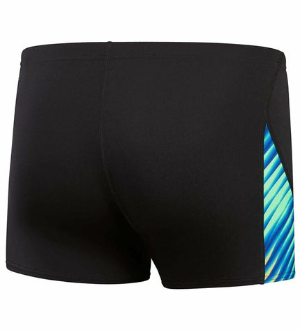 Black boys' Speedo swim trunks with allover digi print and V-cut design, suitable for sports and water activities.