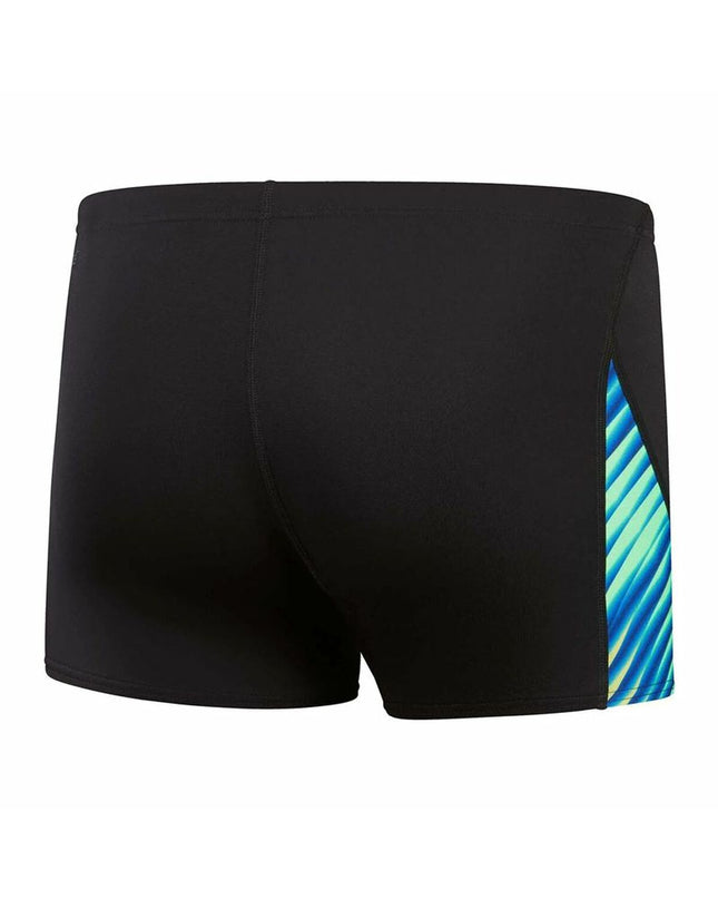 Black boys' Speedo swim trunks with allover digi print and V-cut design, suitable for sports and water activities.