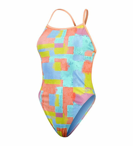 Speedo allover digital V-back women's swimsuit in blue, suitable for water sports and outdoor swimming activities.