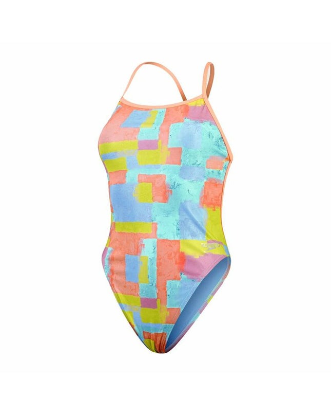 Speedo allover digital V-back women's swimsuit in blue, suitable for water sports and outdoor swimming activities.