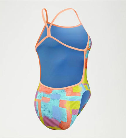 Blue Speedo women's swimwear with allover digital pattern and V-back, designed for water sports and outdoor swimming.