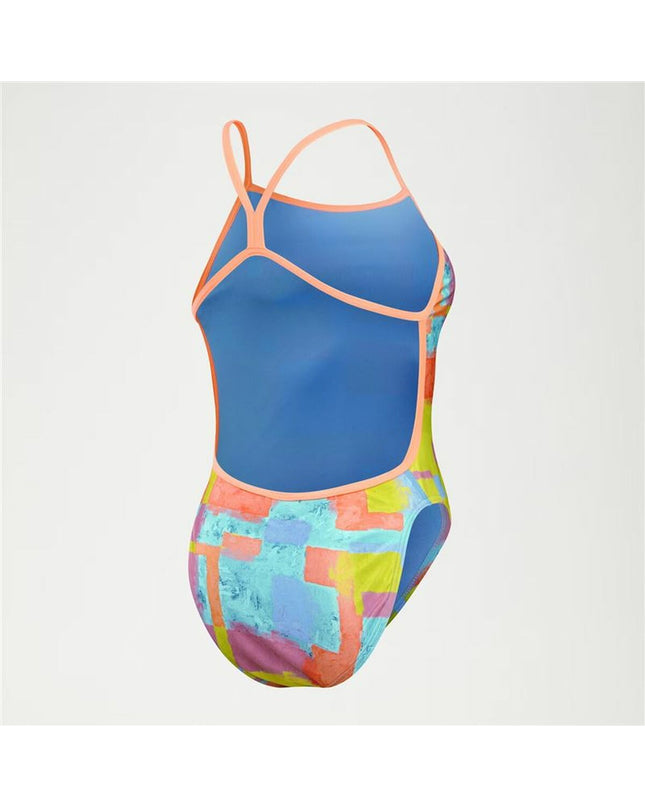 Blue Speedo women's swimwear with allover digital pattern and V-back, designed for water sports and outdoor swimming.