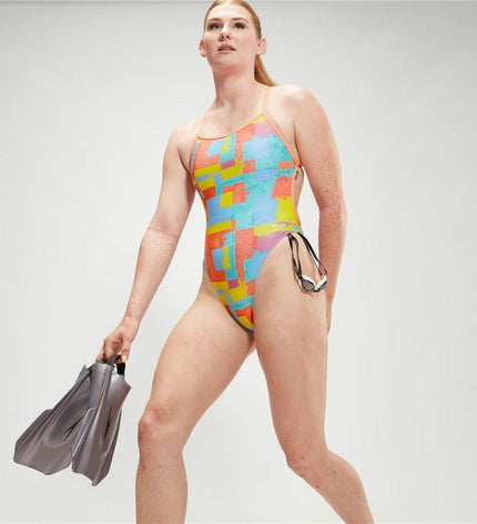 Blue Speedo women's swimwear with allover digital pattern and V-back, designed for water sports and outdoor swimming.