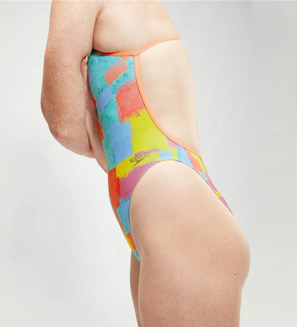 Blue Speedo women's swimsuit with digital print and V-back, designed for watersport and outdoor swimming activities.