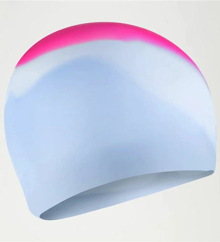 Speedo fuchsia swim cap for water sports and outdoor activities, shown on a model.