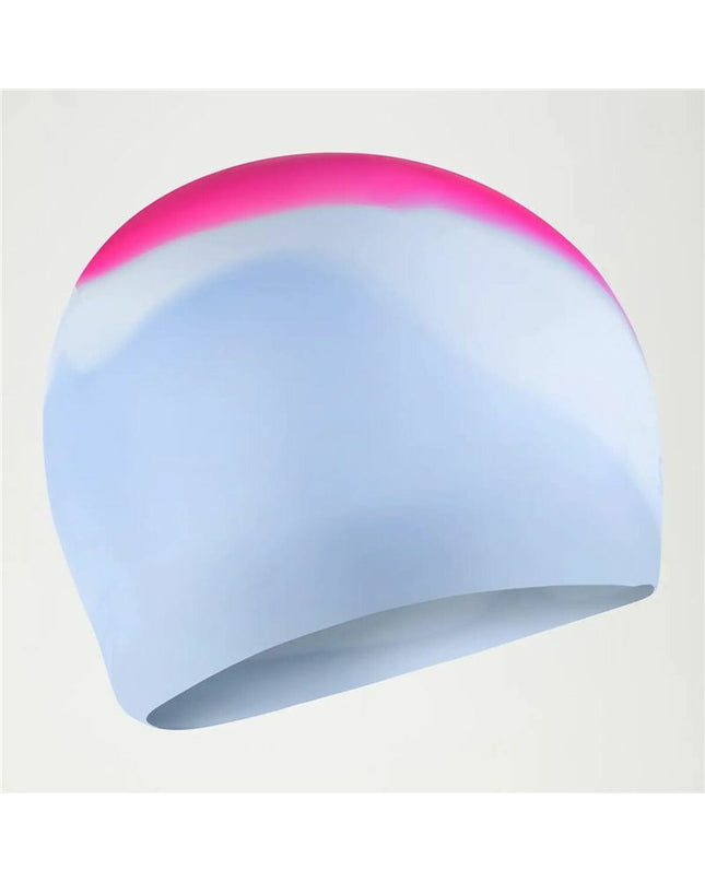 Speedo fuchsia swim cap for water sports and outdoor activities, shown on a model.