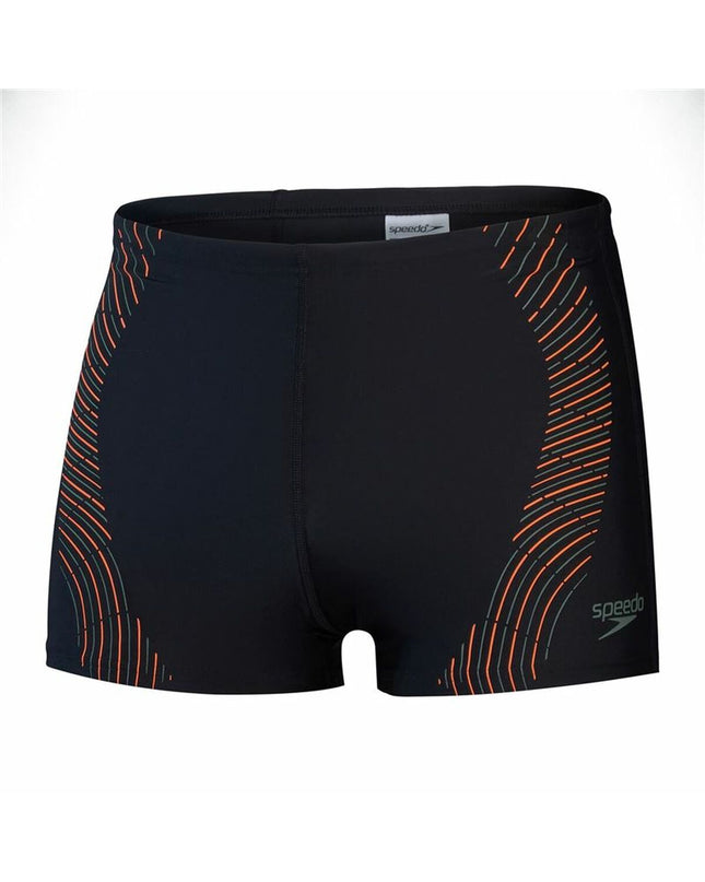 Black Speedo men's swim trunks for water sports, featuring a close-up of the fabric and waistband, suitable for swimming and outdoor activities.