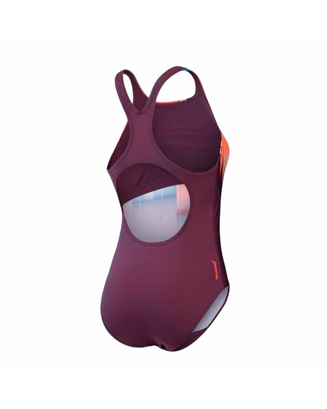 Purple Speedo women's swimsuit for sports and watersports, close-up view of the fitted design and fabric texture.