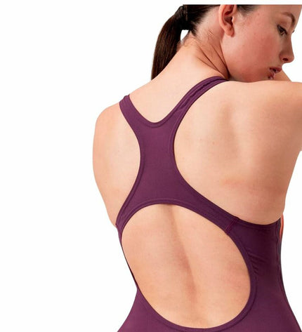 Purple Speedo women's swimsuit with sporty design, perfect for watersports and outdoor swimming activities.