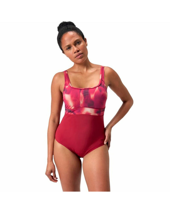 Speedo women's shaping contour swimsuit in red, designed for water sports and outdoor activities, featuring a sleek, supportive fit.