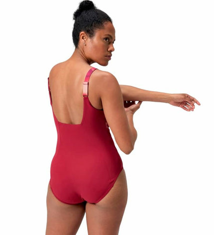 Speedo shaping contour women's swimsuit in vibrant red, designed for sport and outdoor watersport activities.