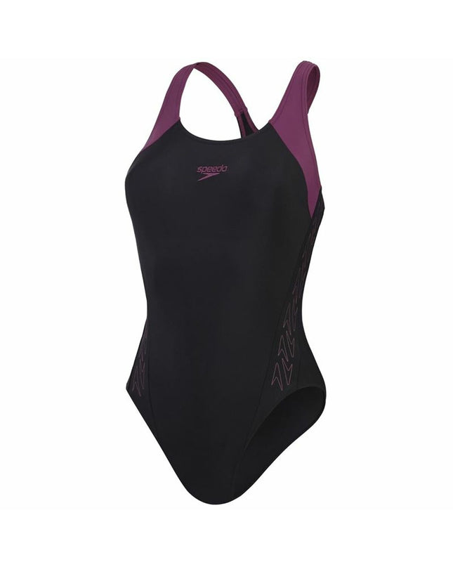 Purple Speedo Hyperboom Splice women's swimsuit for water sports, with a sleek, fitted design suitable for outdoor swimming.