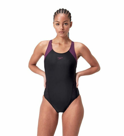 Speedo Hyperboom Splice purple women's swimsuit for water sports, featuring a sleek, fitted design ideal for swimming and outdoor water activities.