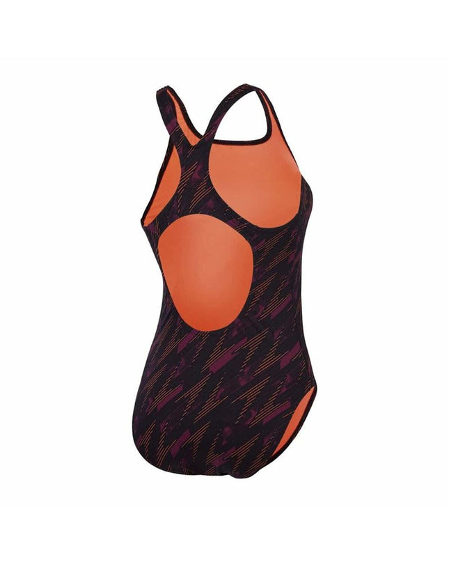 Speedo Hyperboom allover orange women's swimsuit for water sports, featuring a sleek, sporty design perfect for swimming and outdoor activities.