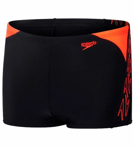 Speedo Hyperboom Splice black kids' swim jammer for sport and watersports, featuring a sleek black design with colorful splice accents.