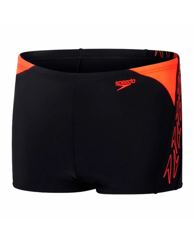 Speedo Hyperboom Splice black kids' swim jammer for sport and watersports, featuring a sleek black design with colorful splice accents.