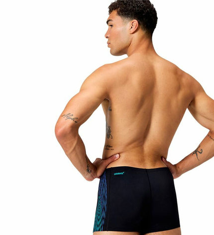 Speedo men's black Tech Panel Aquashort swim brief, designed for watersports and outdoor swimming activities.
