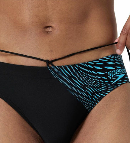 Blue and black men's Speedo Medley logo swim shorts, water sport apparel with sporty design, suitable for swimming and outdoor activities.