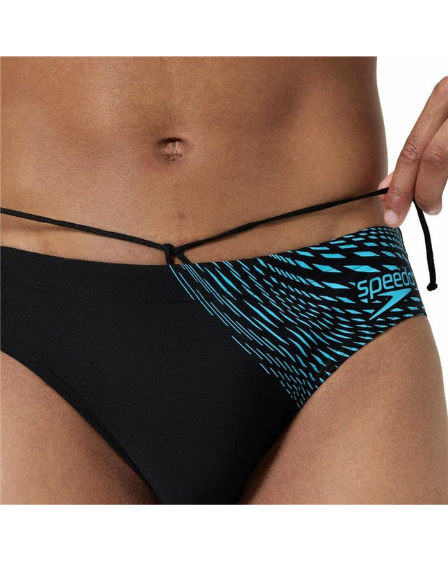 Blue and black men's Speedo Medley logo swim shorts, water sport apparel with sporty design, suitable for swimming and outdoor activities.