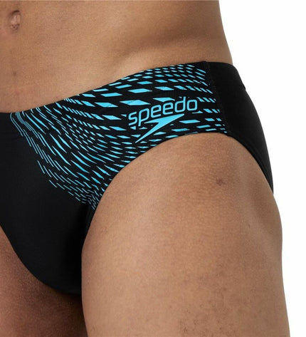 Blue and black men's Speedo Medley logo swim trunks for water sports, featuring a fitted design and Speedo branding.