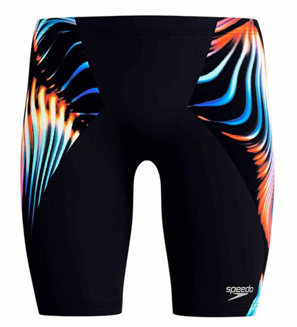 Black Speedo men's digital V-cut jammer swimsuit designed for water sports and outdoor swimming activities.