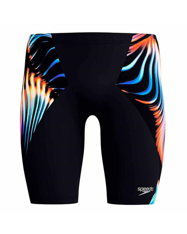 Black Speedo men's digital V-cut jammer swimsuit designed for water sports and outdoor swimming activities.