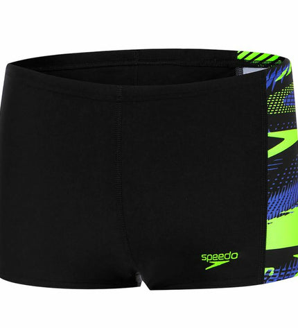 Speedo Boom Panel Aquashort in black, children’s swim shorts for watersport and outdoor swimming, with sporty design and durable fabric.