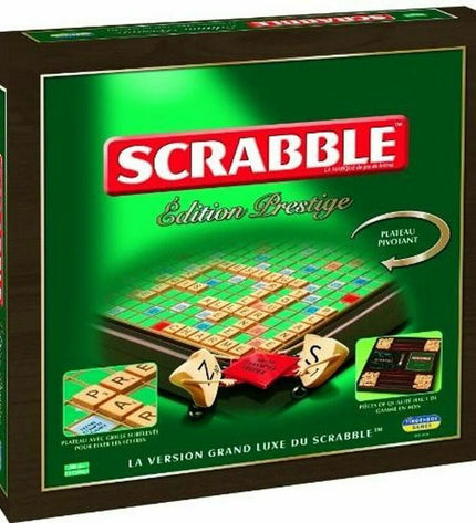 Megableu Scrabble Prestige board game for family fun, with letter tiles and game board, in a colorful game box.