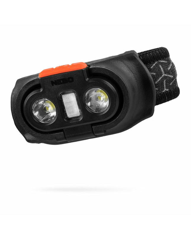Nebo Einstein™ 1000 Flex LED headlamp for outdoor activities like camping and hiking, with adjustable strap and bright illumination.