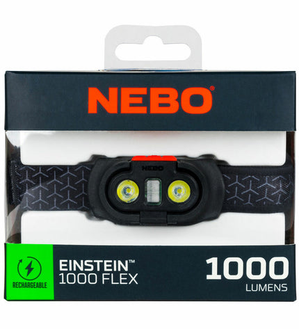 Nebo Einstein™ 1000 Flex headlamp with adjustable strap and bright LED light, ideal for outdoor, camping, and hiking activities.