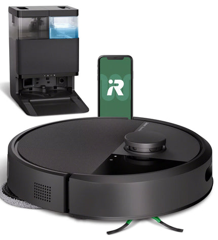 iRobot Roomba Plus robot vacuum cleaner on a wooden floor, showcasing its compact design and cleaning brushes.