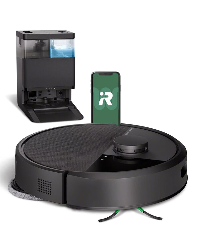 iRobot Roomba Plus robot vacuum cleaner on a wooden floor, showcasing its compact design and cleaning brushes.