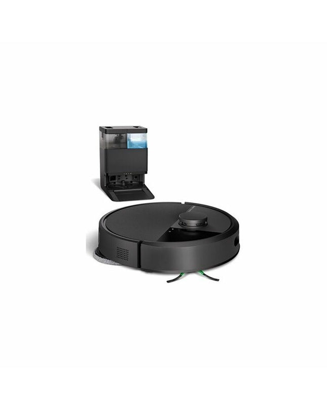 iRobot Roomba Plus robot stofzuiger op vloer, zwart en rond met sensor en laadstation, voor huis schoonmaken en vloeronderhoud