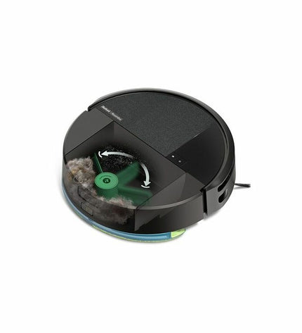 iRobot robot stofzuiger in woonkamer, schoonmaakt vloeren met sleek design, compact home cleaning device for house maintenance