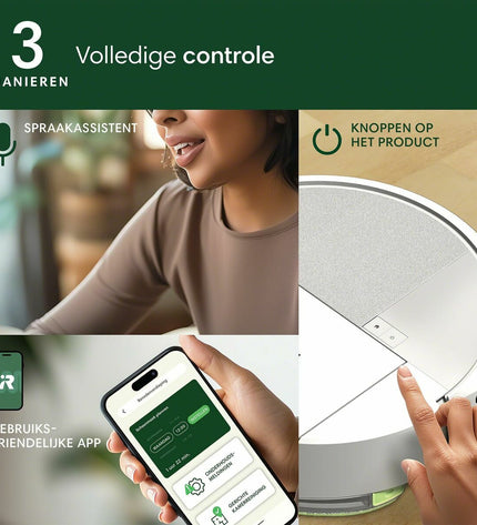 iRobot robot stofzuiger voor huis, schoonmaken en vloeronderhoud, met ronde vorm en roterende borstels op een hardhouten vloer