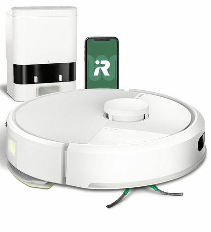 iRobot robotic vacuum cleaner on hardwood floor, showcasing sleek design and cleaning brushes in action.