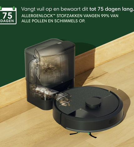iRobot robot stofzuiger in action on hardwood floor, showcasing sleek design and compact size for efficient cleaning.