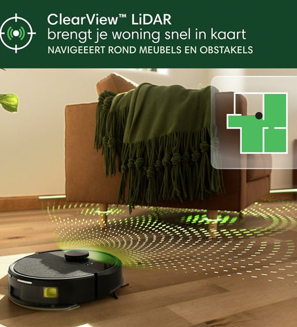 iRobot robot stofzuiger die vloer schoonmaakt, met ronde vorm en witte behuizing, geschikt voor huis en schoonmaak.
