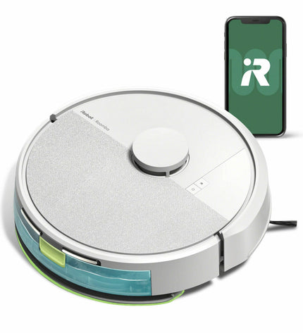 iRobot robot stofzuiger op vloer, klaar voor schoonmaken, met rond ontwerp en geïntegreerde roterende borstels voor efficiënte reiniging
