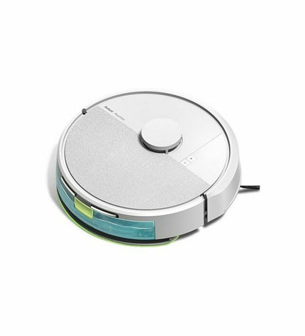iRobot robot stofzuiger schoonmaakt vloer, met ronde design en draaiende zuigmond, geschikt voor huis en koken onderhoud.
