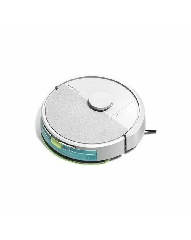 iRobot robot stofzuiger schoonmaakt vloer, met ronde design en draaiende zuigmond, geschikt voor huis en koken onderhoud.