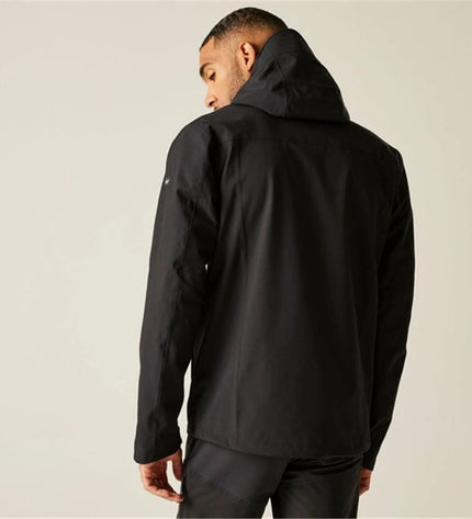 Black men's Regatta Birchdale II sport jacket, suitable for outdoor activities and hiking, displayed on a hanger.