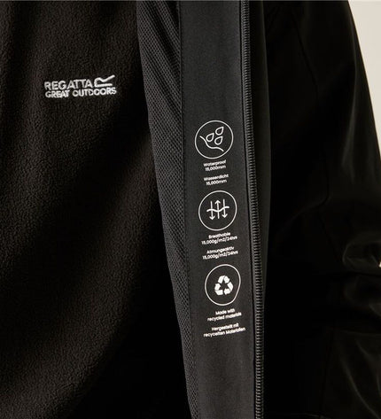 Black men's Regatta Birchdale II sport jacket designed for outdoor activities, with a waterproof exterior and adjustable hood.